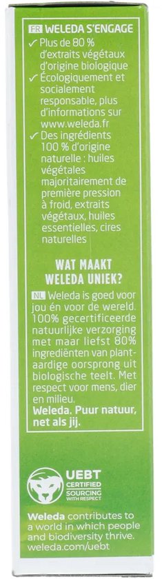 Zijkant van de Weleda Citrus Deodorant Spray verpakking met informatie over Weleda's ethiek en certificeringen.