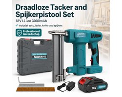 Accu Tacker / Nietpistool – 18V 3000mAh (accu + lader) – Met 500 rechte spijkers & 500 U-nieten – Voor bekleding, kaders, meubels, hout & isolatie – Incl. kunststof koffer