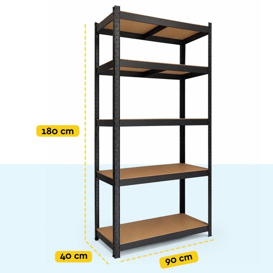 Afmetingen van een zwarte stellingkast: 180 cm hoog, 90 cm breed en 40 cm diep.