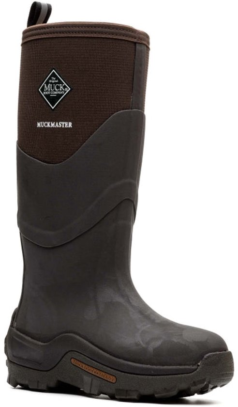 Bruine Muck Boot Muckmaster laars, zijaanzicht met stoffen bovenkant.