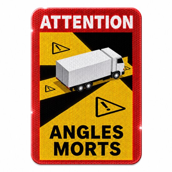 Autocollant réfléchissant d'angle mort "ATTENTION ANGLES MORTS" avec illustration de camion