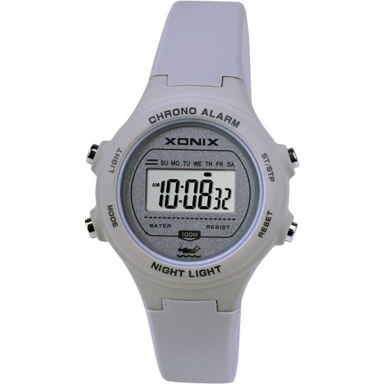 Xonix Chrono Alarm polshorloge met grijze band en digitale wijzerplaat, toont 10:08:32, water resist 100m.