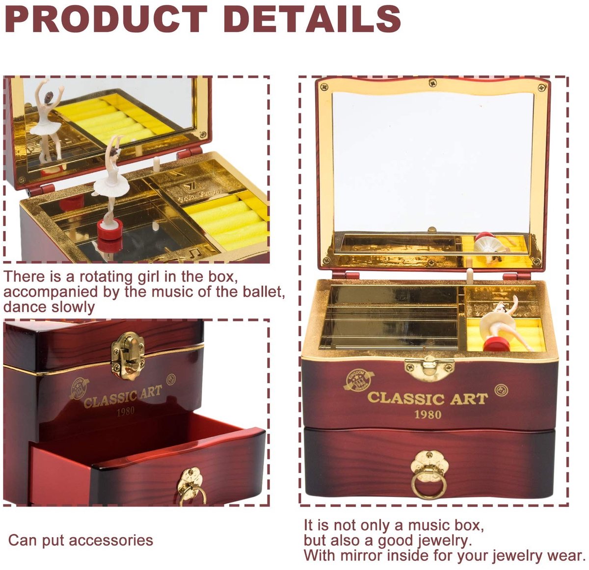 Dailygoods- Muziekdoos Roterende Ballerina - Sieradendoos - Ornamenten - Duurzaam Kunststof - Spiegel - Cadeau voor Kinderen - Sieradenbox