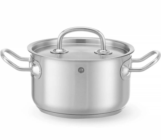 Rvs kookpan met deksel en twee handgrepen, met logo in het midden.