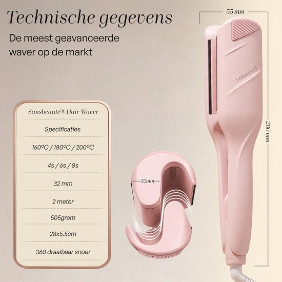 Roze Sansbeauté haarkruller, 280mm lang, 55mm breed. Inclusief specificaties.