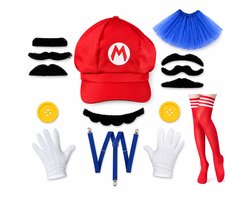 Daity 1 set - Super Bros-kostuumset met pet, snor en bretels voor Halloween – complete verkleedset voor cosplay en Kerstmis (De knoppen zijn zwart)