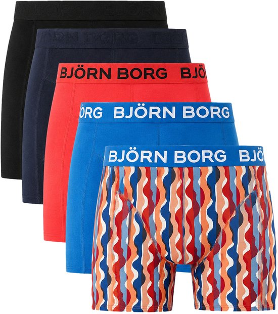 Björn Borg Cotton Stretch boxers - heren boxers normale lengte (5-pack) - zwart - donkerblauw - kobalt - kobalt met wit - rood en oranje dessin en rood