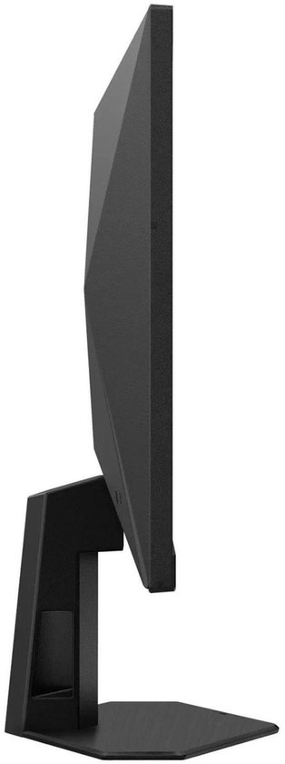 Zijprofiel van een zwarte 27-inch AOC gaming monitor met een dunne rand en een hoekige standaard.