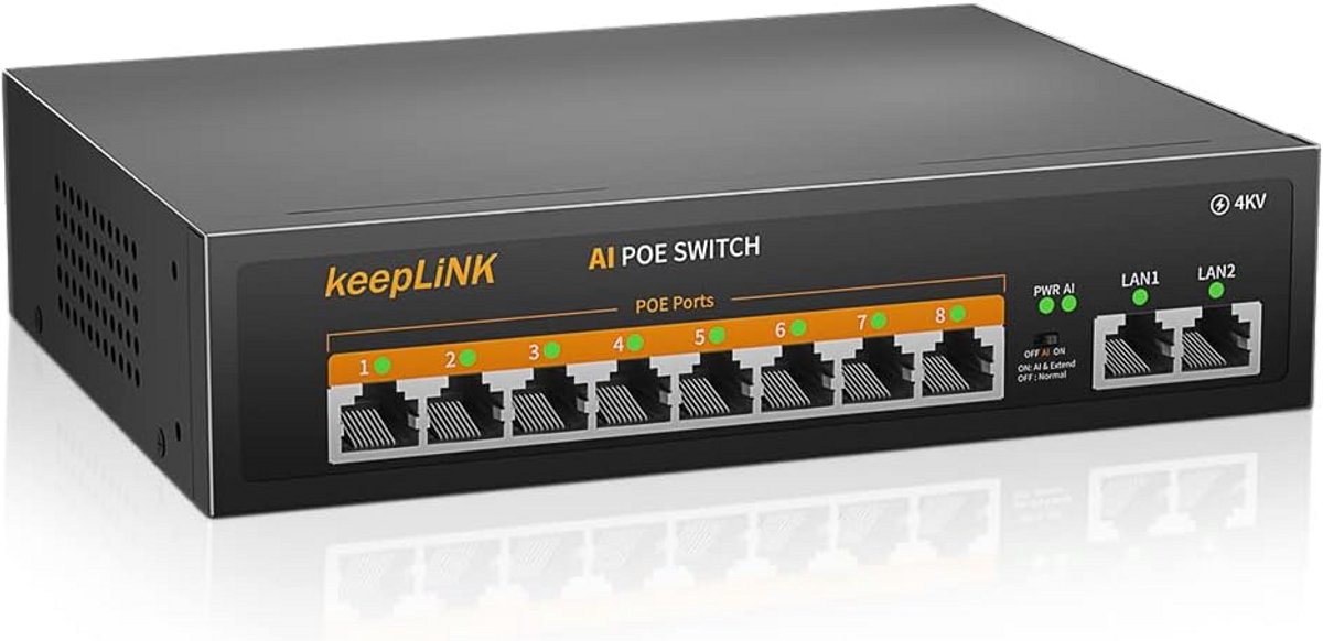 PoE Switch - Netwerk Switch - Netwerk Uitbreiden - 250m Bereik - 10 Poorten - Metaal