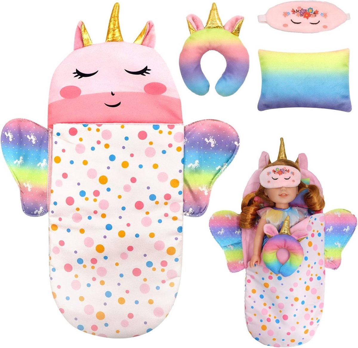 Poppenslaapzak Set - Poppen Accessoires - Poppen Verzorgen - Compleet Met Kussens - 25-38 cm Poppen - Kleurrijk