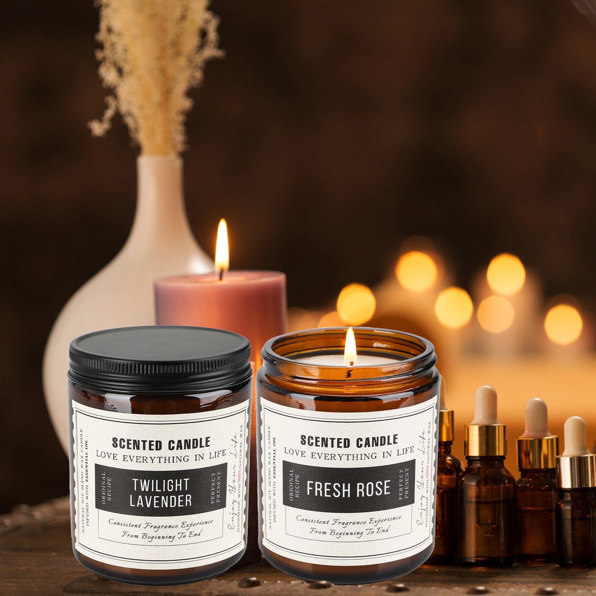 Geurkaarsen Set van 2 – 2 x 200g Sojawas Geurkaarsen in Glas met Lange Brandduur en Luxe Cadeauverpakking – Lavendel & Sandelhout-Roos — cadeau in Wonen & Interieur - foto 2