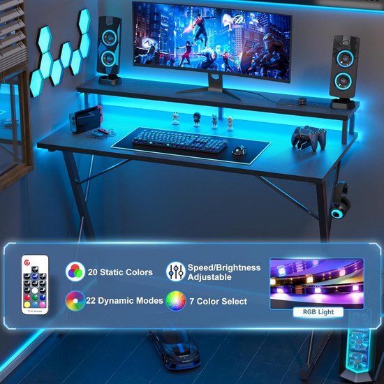 Ergonomisch Gaming Bureau met LED en Stopcontacten - 120x50cm van Merkloos — afbeelding 4