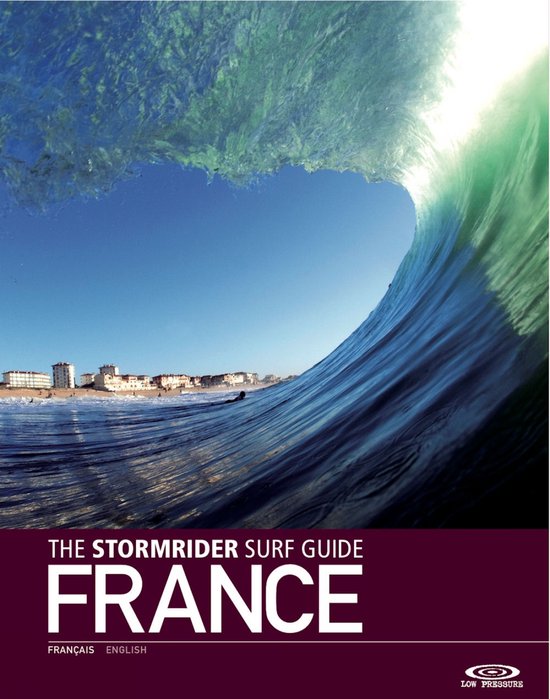 Onderwaterfoto van een grote golf met een surfer, met de tekst 'The Stormrider Surf Guide France'.