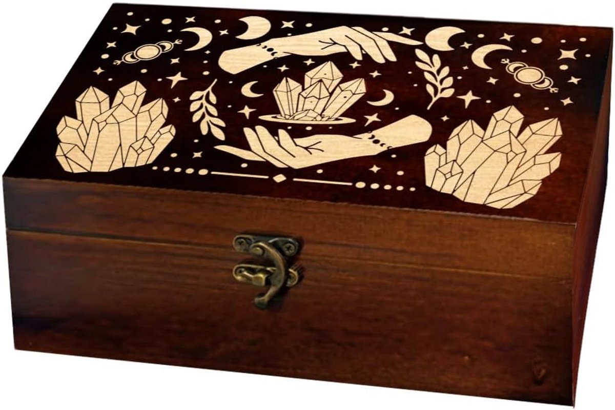 Houten Aandenken Doos - Opbergkistje Decoratie - Sieraden Opbergen - Mysterieus Maanpatroon - 24 x 14 x 9 cm - Houtkleur