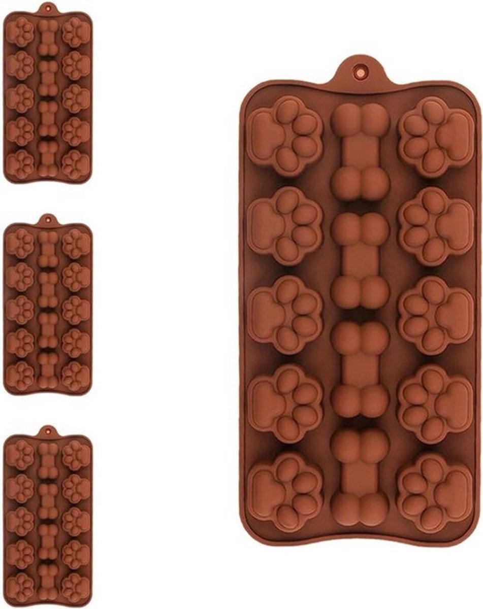 Set van 4 Dog Bone bakvorm Dog Paw chocoladevorm voor het bakken van chocolade oven magnetron vriezer (bruin)