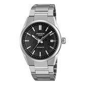 Edifice Casio herenhorloge met zilverkleurige metalen band en donkere wijzerplaat.
