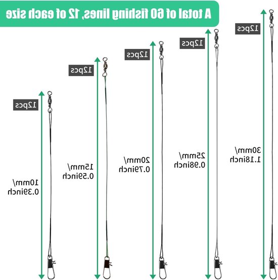 60 Stuks Draad Tracks voor Snoekvissen, Vissersleiders met Draaiingen, Rvs Visselijn met Swivel Beugels voor Aas en Haak Riggen (10-30 cm) — afbeelding 2