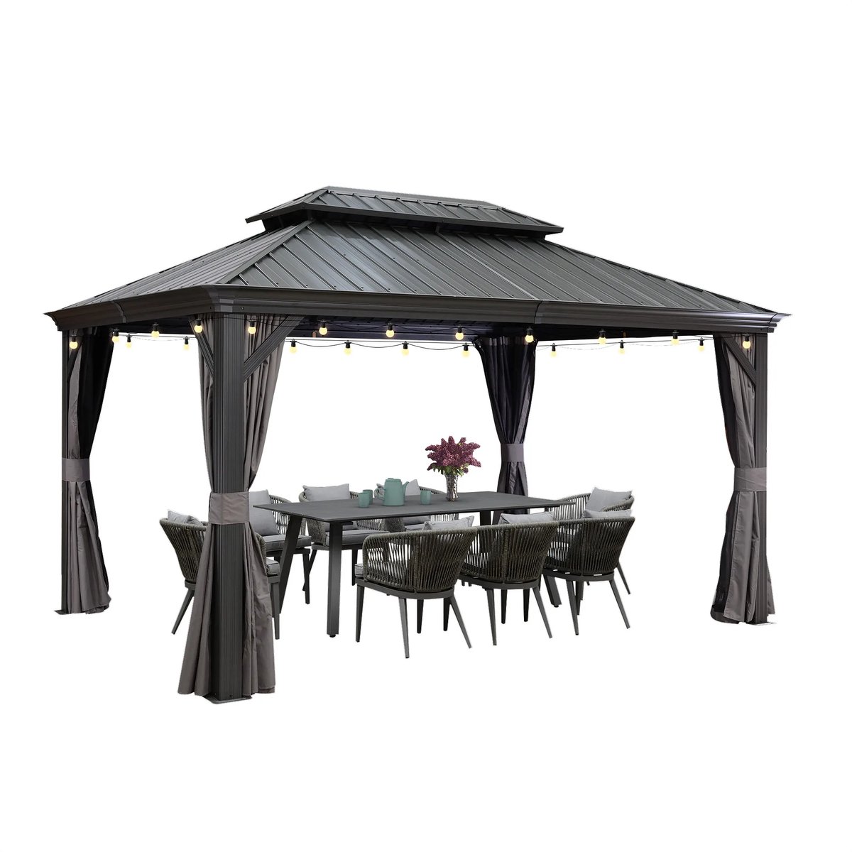 PURPLE LEAF Hardtop Aluminium Tuinpaviljoen – Dubbel dak – Hoogwaardige Gordijnen – Wind- en weerbestendig – Luxueus Grijs – Met Sfeerverlichting