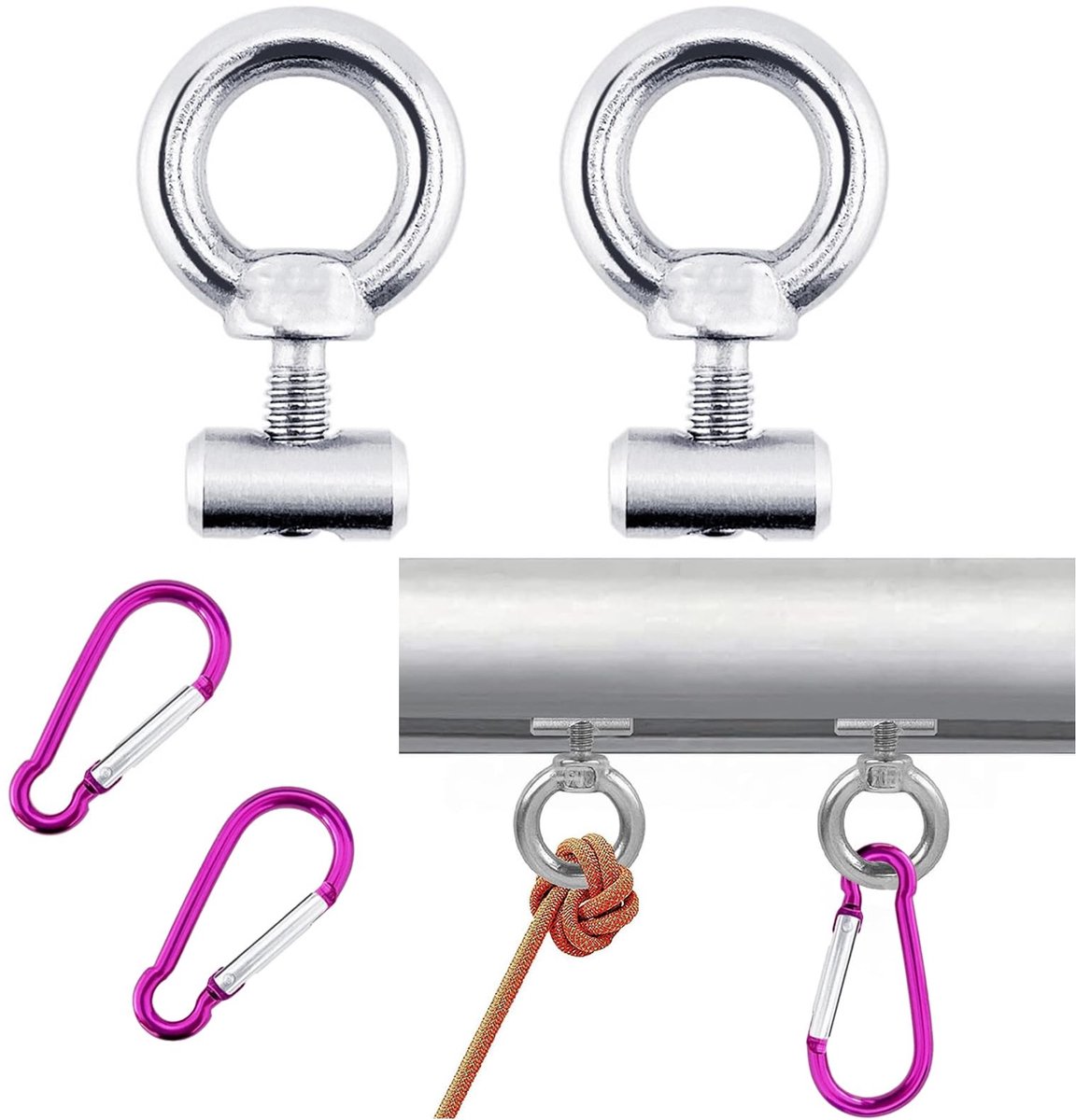 Dailygoods- Kederstopper 6 mm roestvrij staal - Kederrail - Kederlijst - Luifelhaak - Karabijnhaak - Complete set voor direct gebruik - Bevestigingshaak