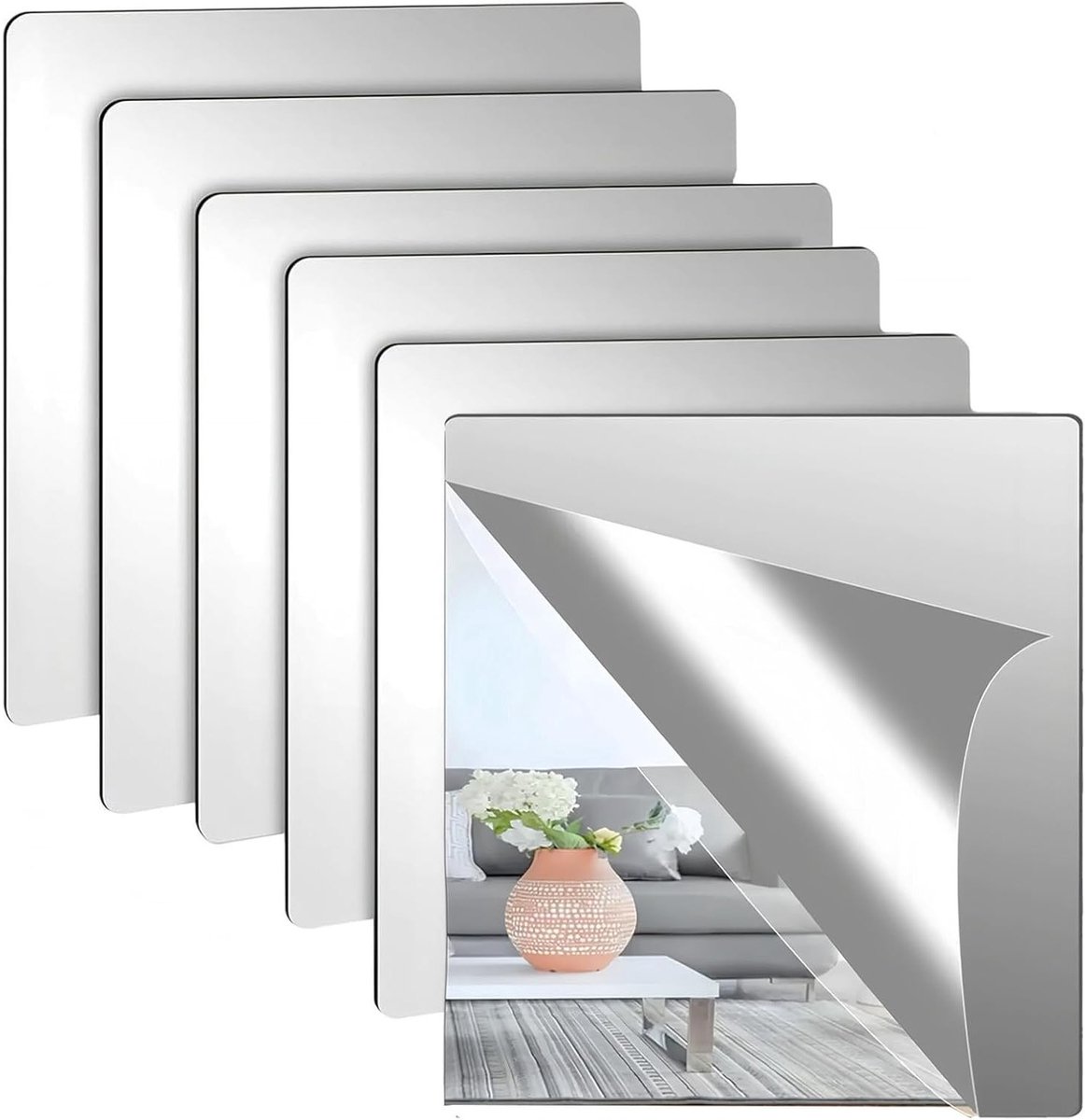 Flexibele Acryl Spiegelstickers - 6 Stuks Zelfklevende Wandspiegels, 2mm Dikte voor Badkamer en Slaapkamer (20x20cm) - Decoratieve Wanddecoratie en Ruimtevergroting