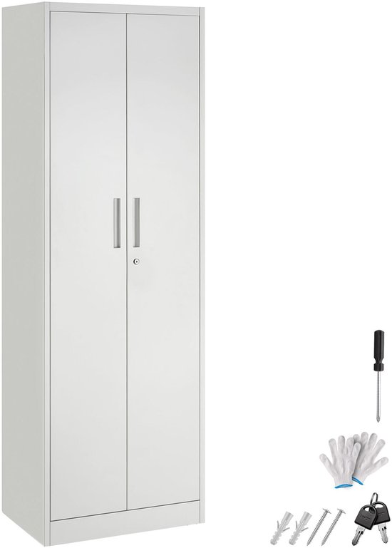 Grijze metalen archiefkast met toebehoren zoals schroeven, sleutels en handschoenen.