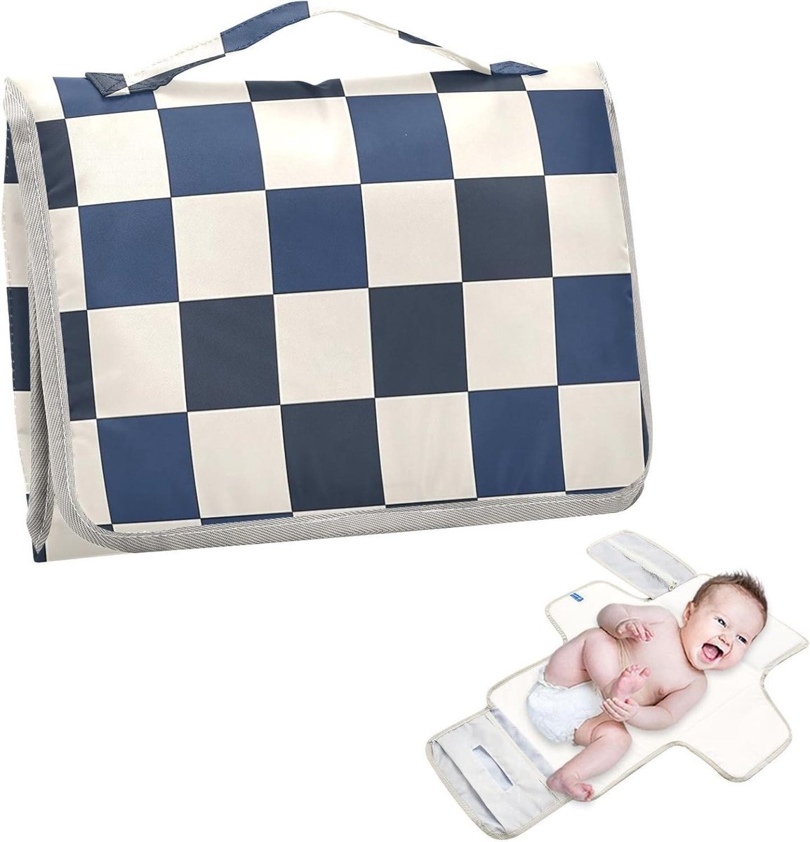 Aankleedkussen Baby - Luierwisselmat Draagbaar - Babyverzorging Onderweg - Ingebouwd Hoofdkussen - 62 x 30 cm - Blauw Wit Geruit