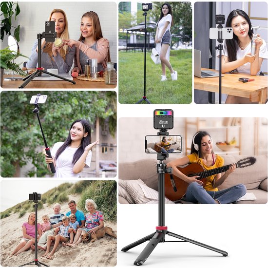 Collage van mensen die de selfiestick gebruiken voor foto's en video's, binnenshuis en buitenshuis.