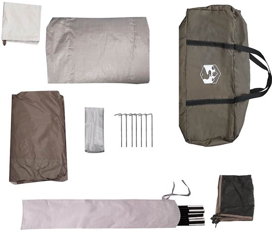 Tentaccessoires: tent, tentstokken, haringen, draagtas en grondzeil.