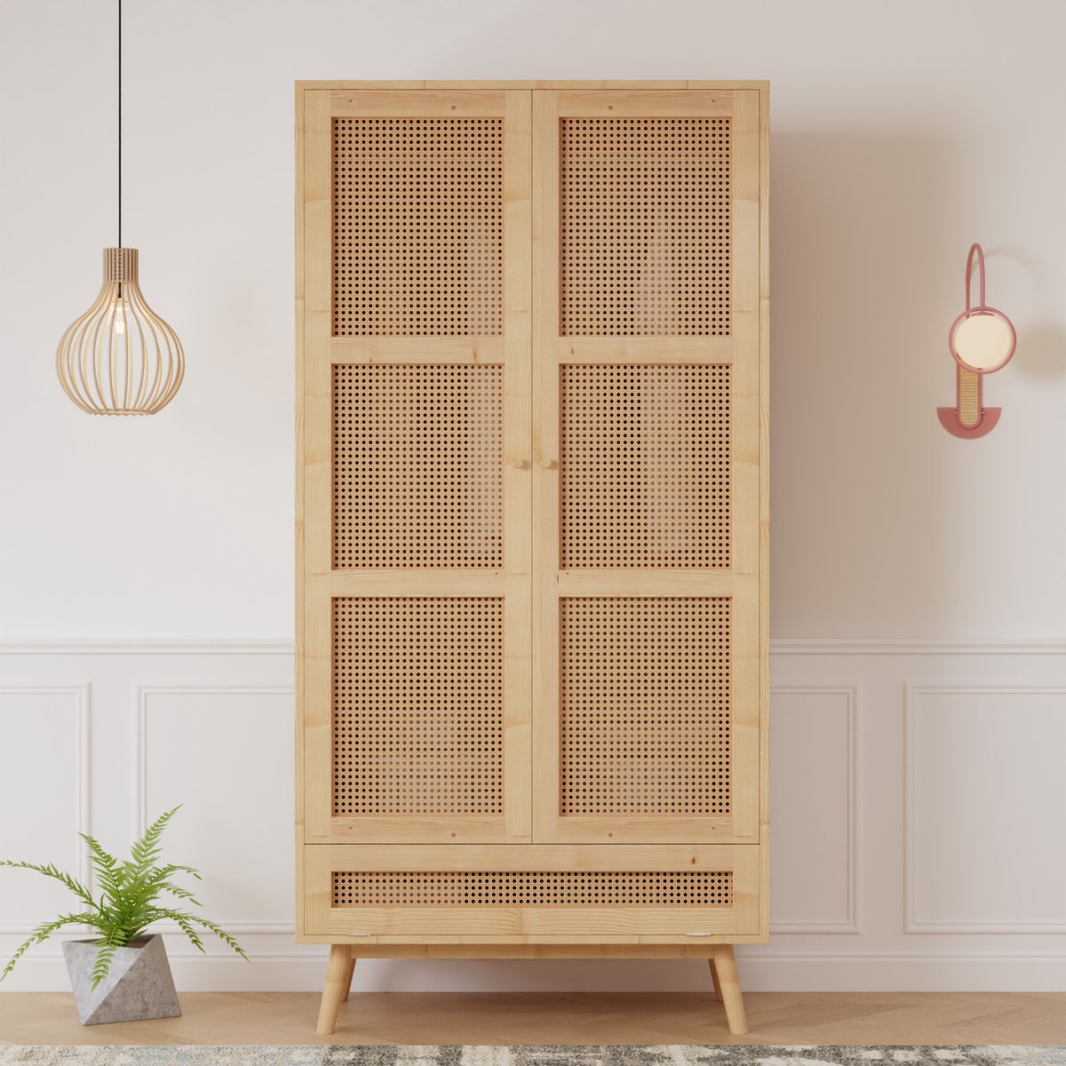Natuurkleur PE rotan MDF kast 90×45×183cm opslag woonkamer en slaapkamer kleding
