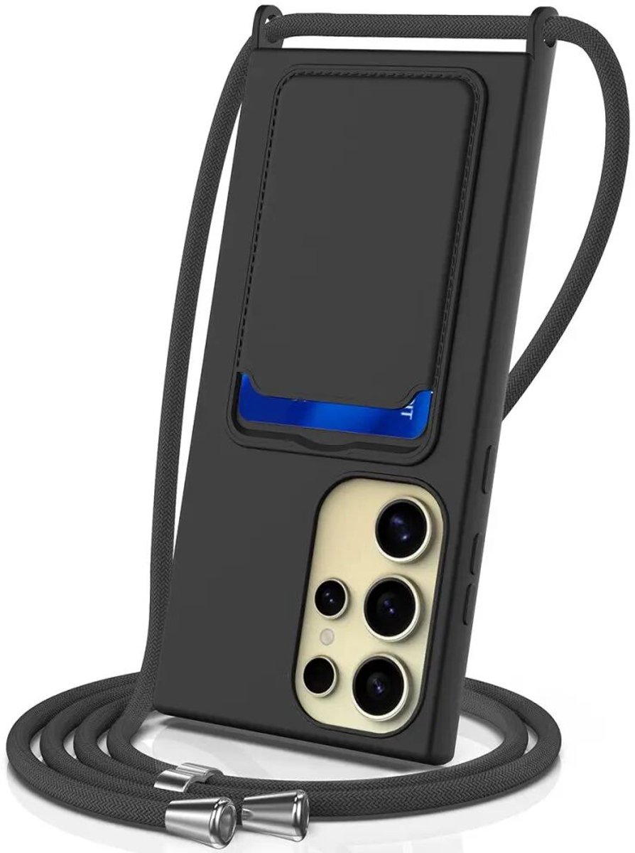 Hoesje met Koord en Pasjeshouder Geschikt voor Samsung Galaxy S24 Ultra | Back Cover met Crossbody Koord en Kaarthouder | Ideaal voor Festival/Vakantie | Siliconen | Zwart