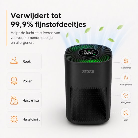 Zwarte Zedar luchtreiniger met groene gloed en luchtstroom, filtert rook, schimmel, pollen, nare geuren, huisdierhaar, allergenen en huisstofmijt.