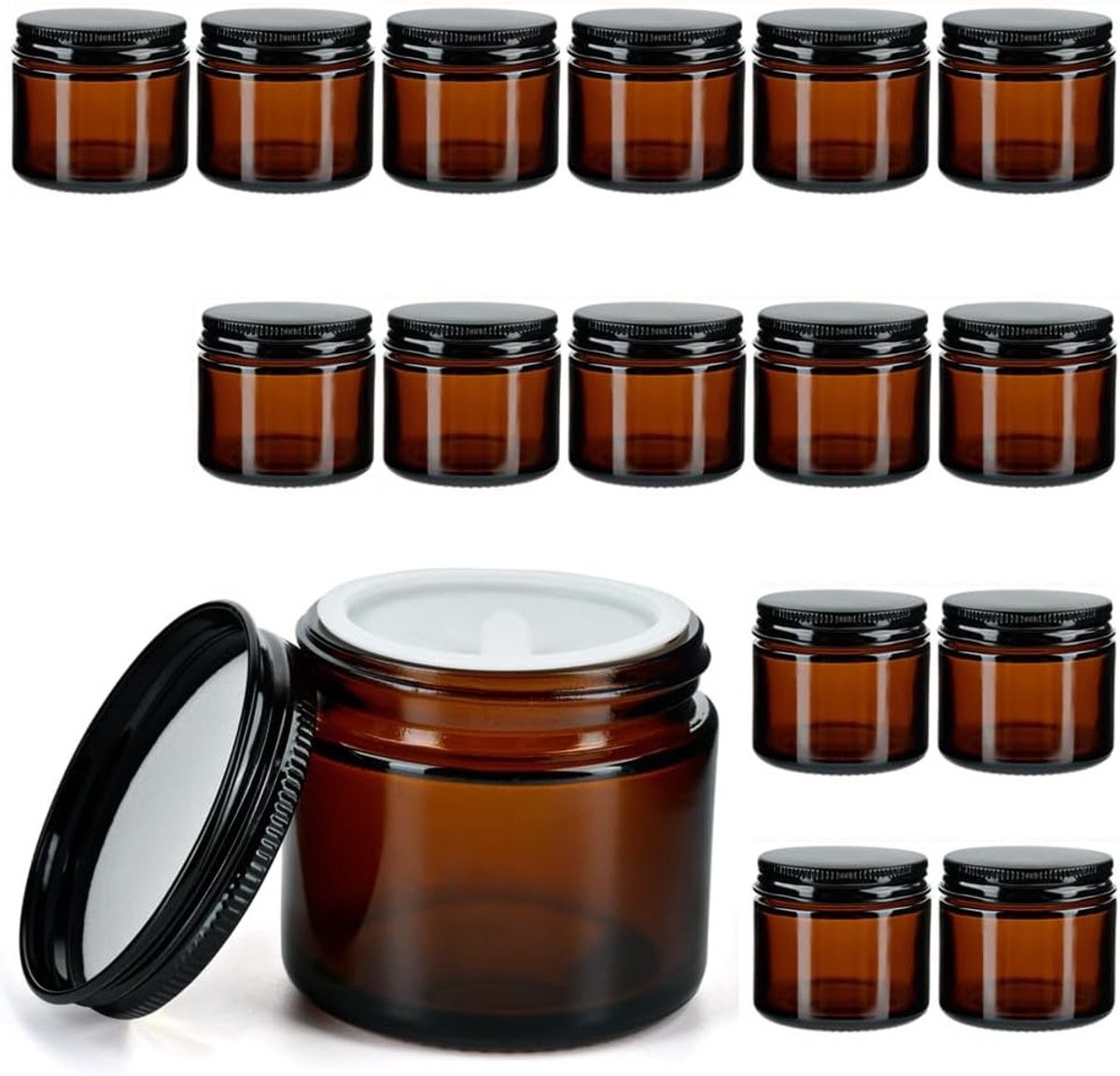 Set van 16 bruine glazen potjes (60 ml) voor crèmes, lotions en zalf, met deksel, ideaal voor opslag en verpakking