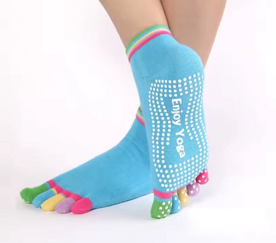 Yogasokken - Sportsokken - Anti slip sokken - Pilates - Teensokken - Gripsokken - Antislip - Fitness socks - Tegen uitglijden - Sokken met losse tenen - Maat 36-40 - Blauw/multicolor - Jonyx — afbeelding 4
