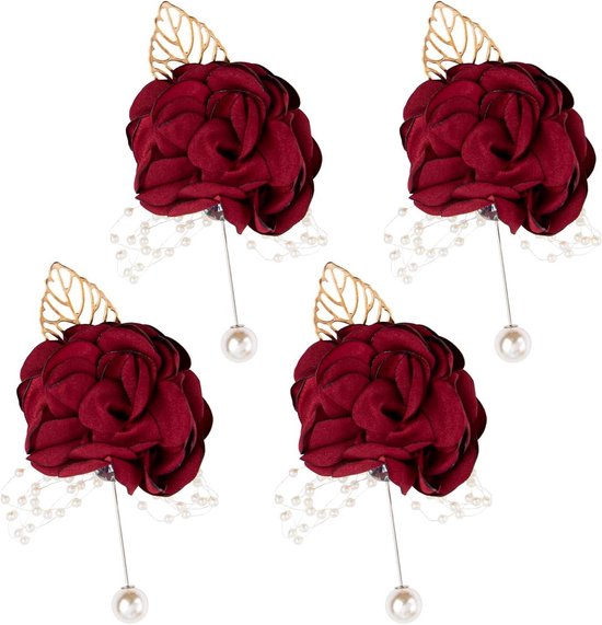 Foto: Bloemen boutonniere bruidegom corsage feestelijke decoratie luxe materialen 4 stuks wijnrood