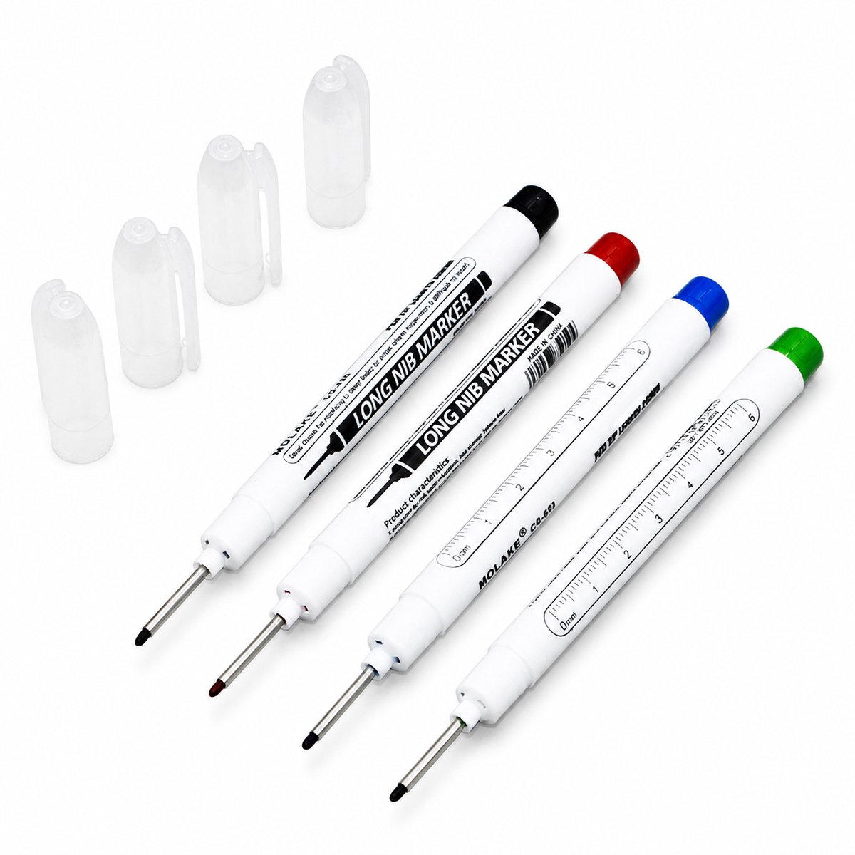 TLVX Lange Permanent Markers Zwart, Rood, Blauw, Groen – Verlengde Markeerstift Bouw – Timmermans Inkt Potlood Pennen Dun - 20mm Long Tip Markers – Diep Gat – Teken Hout, Metaal, Glas, Spiegel, Tegels, Beton, Keramiek – Blauwe Inkt – 4 stuks