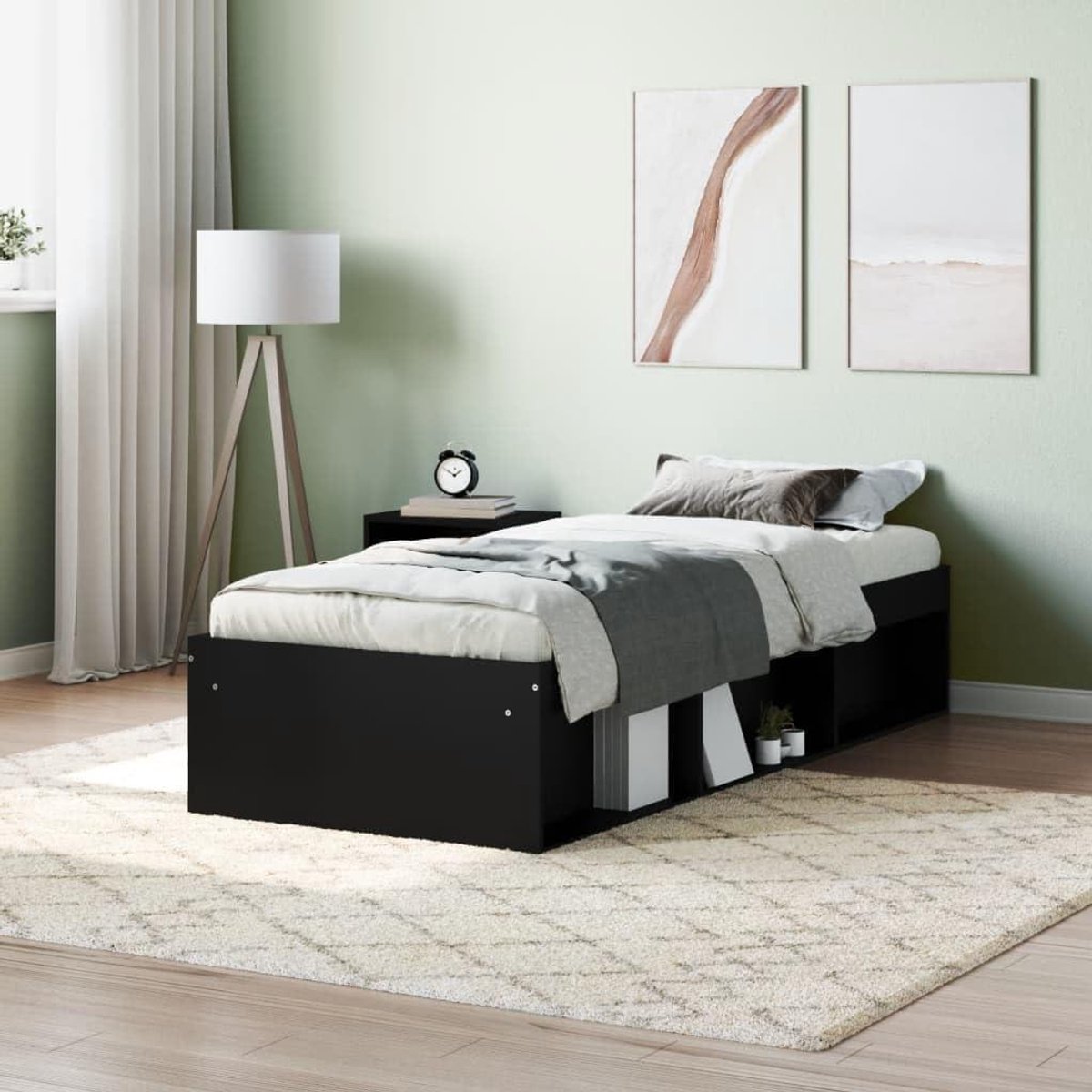 Bedframe - Slaapkamermeubel - Moderne Slaapkamer - Met Opbergvakken - 75 x 190 cm - Zwart