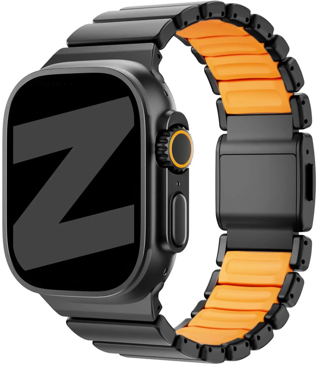 Bandz Titanium 'Hybrid' band geschikt voor Apple Watch 1/2/3/4/5/6/7/8/9/10/11/SE/SE2/SE3/Ultra (2/3) - Maat: 44/45/46/49mm - Zwart/Oranje