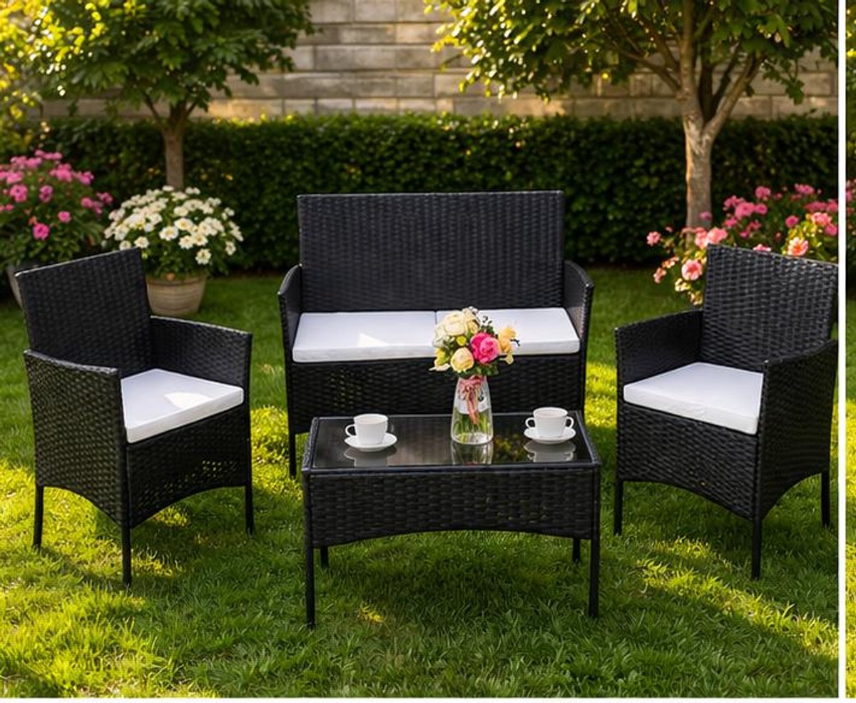Tuinmeubelset 4 Personen – Polyrattan Balkonset Zwart, Weerbestendig Lounge Set met Tafel en Stoelen voor Tuin, Terras en Balkon – Dader