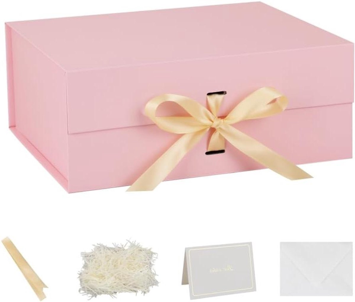 Grote geschenkdozen - Opvouwbare dozen - Cadeaus inpakken - Met lint en kaart - 5 stuks 30 cm - Roze