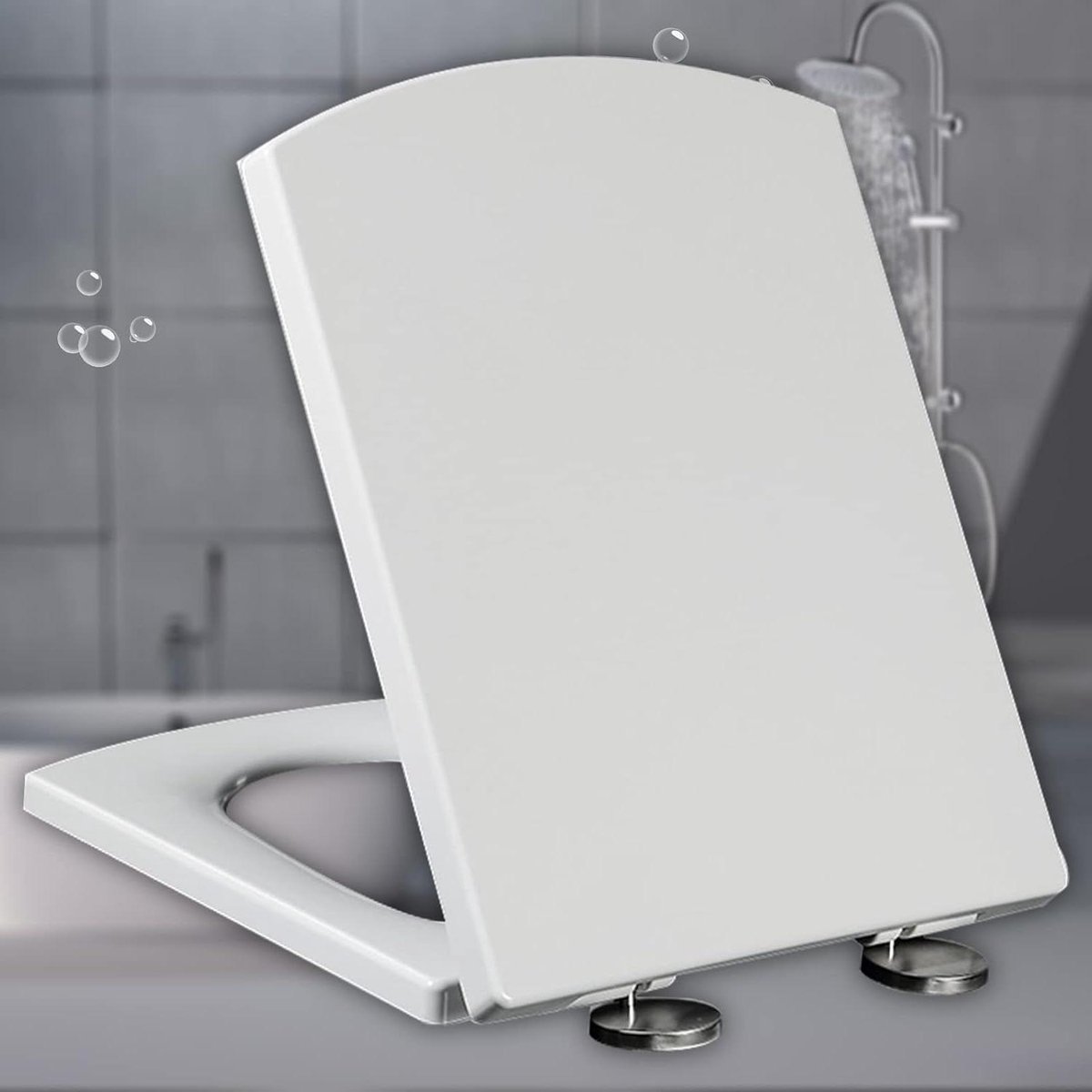 Vierkante toiletbril - Toiletzitting deksel - Badkamer vernieuwen - Softclose mechanisme - 395 x 345 cm - Wit