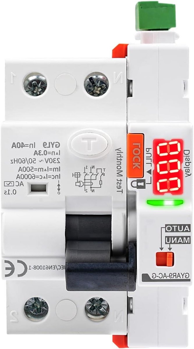 Aardlekschakelaar - Stroomonderbreker - Elektrische veiligheid - Automatische heractivering - 40 Ampère - Grijs
