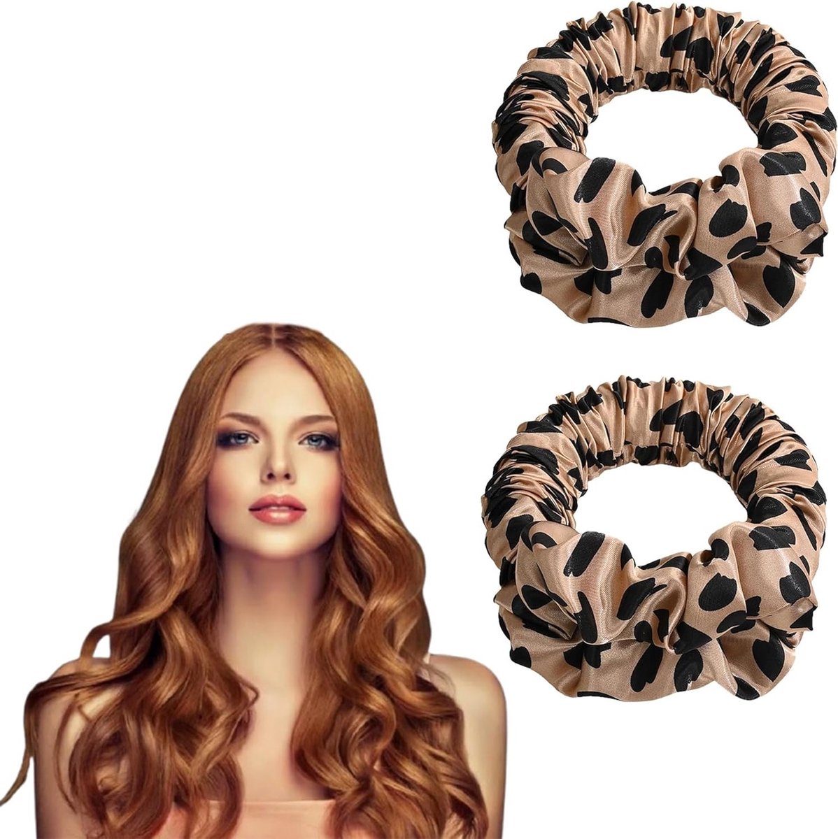 Krultang zonder hitte, herbruikbare zijden haarband voor slapen, elastisch en comfortabel, ideaal voor kort en lang haar, 2 stuks met luipaardprint