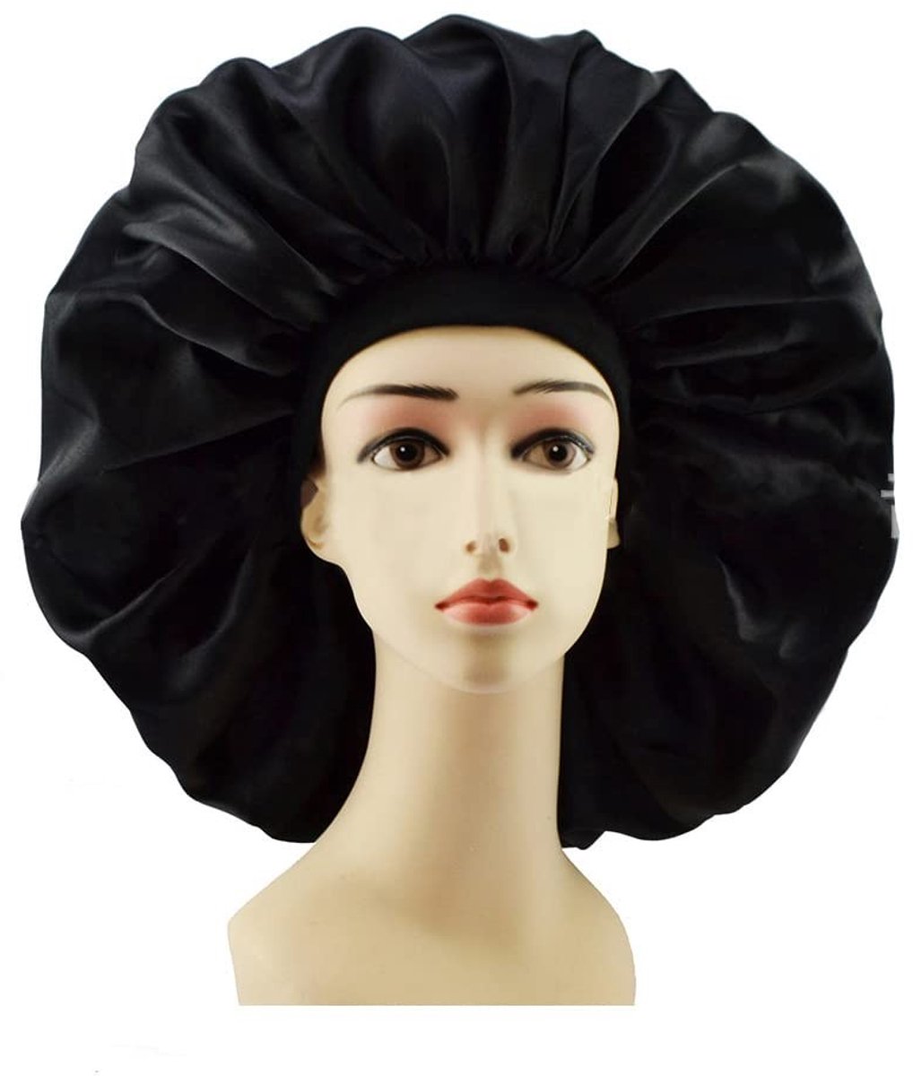 Zwarte Satin Hoed voor Lang Haar - Comfortabele Slapende Cap met Elastische Band