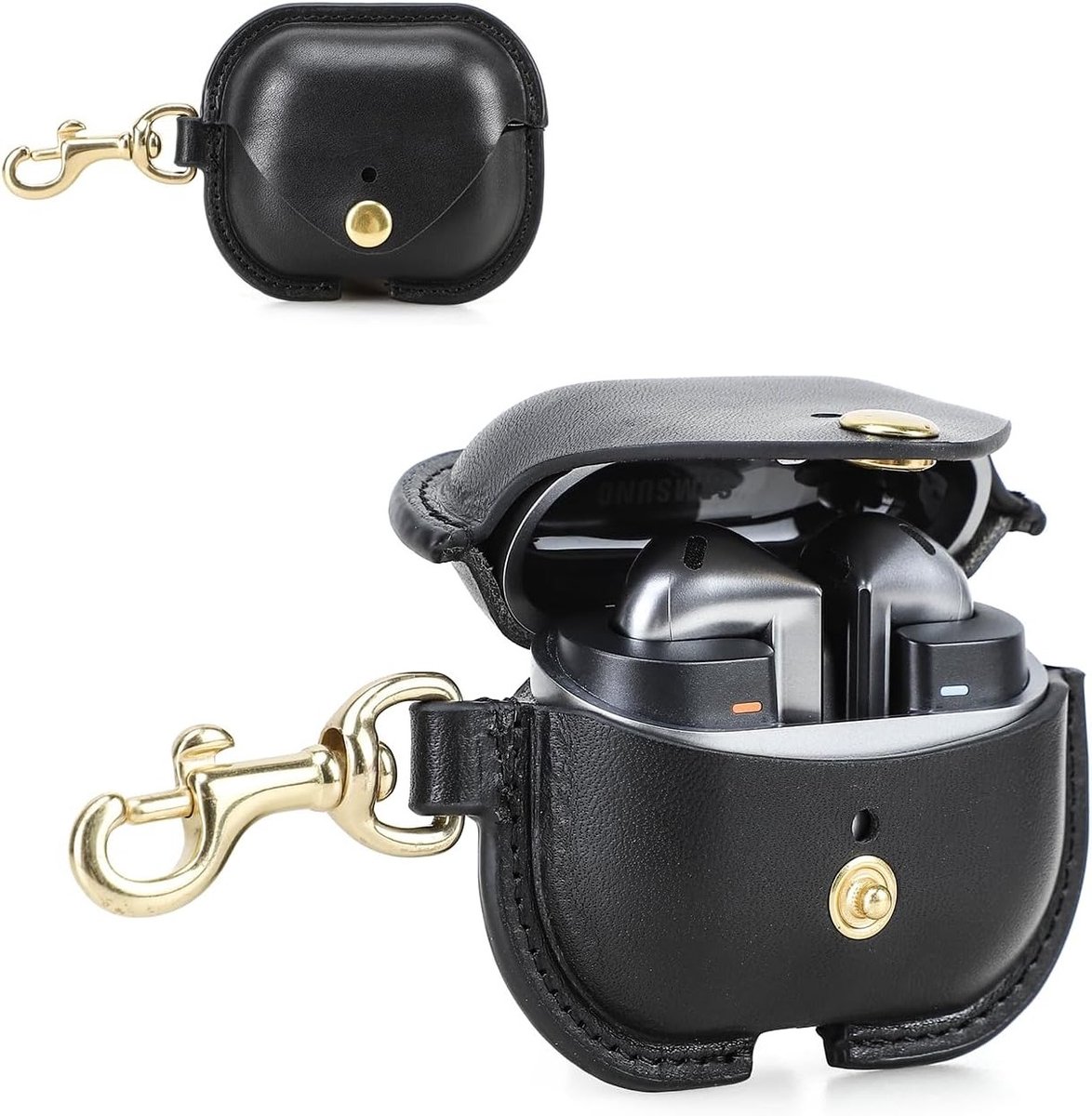 Premium Leren Oplader Case voor Samsung Galaxy Buds 3/ Buds 3 Pro, Inclusief Sleutelhanger, Bescherming en Stijl voor Je Oordopjes (Zwart)
