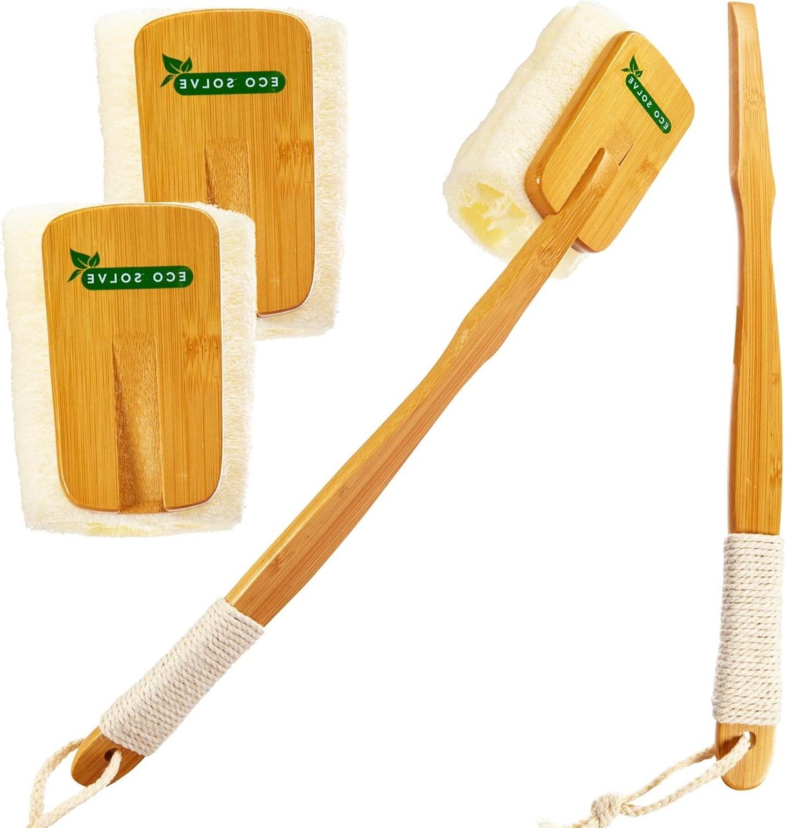 Douche Schrobber - Luffa met steel - Huid Peelen - Afneembare kop - 42 cm steel - Natuurlijk