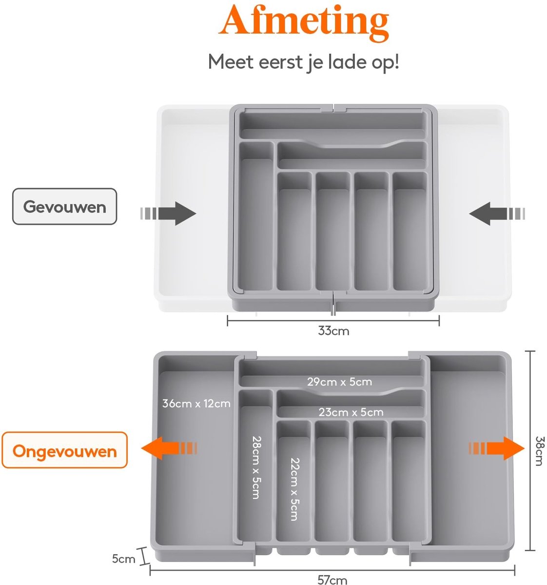 Allecto - Bestek Organizer - Uitschuifbare Besteklade - XL - Grijs - Bestekhouder - Ideaal voor Keuken - Voor Spoons Forks Knives