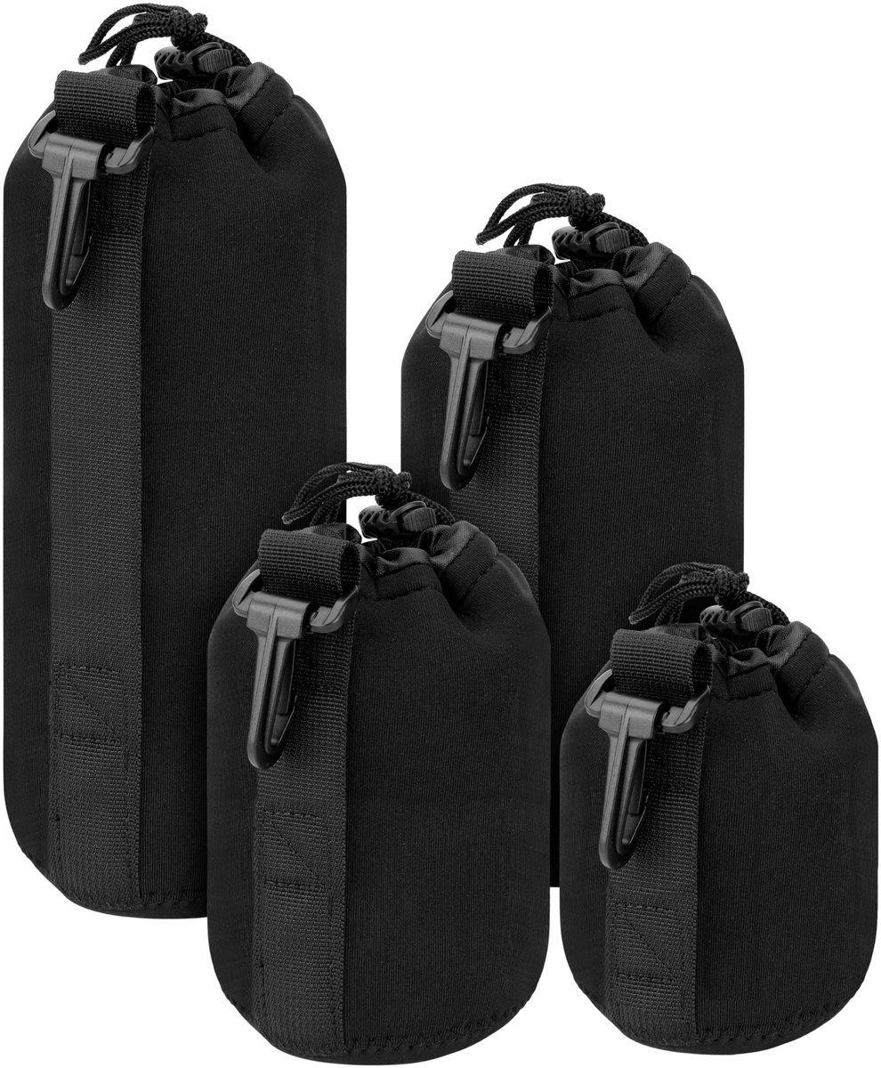 Beschermende Cameralens Buidelzakjes - Neoprene Lens Hoezen - Water Bestendig - Universele DSLR Cameralenzen - Zachte Draagbuidels - 4 Pak Zwart - Klein, Medium, Groot en Extra Groot.