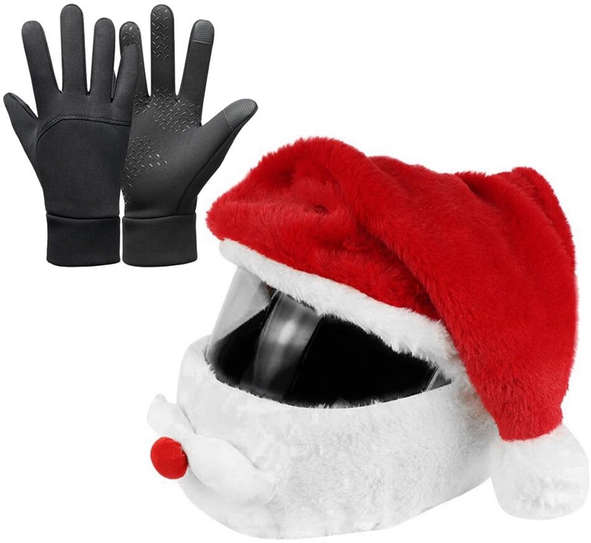 Allecto - Kerstmis motorhelmhoes - Kerstman motorhelm afdekking - Pluche met touchscreen-handschoenen - Perfect voor winter - Kerstmuts helm met ha...