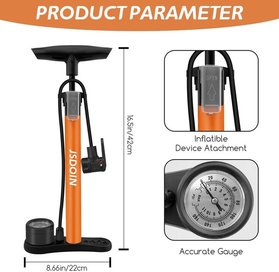MTTProducts - Fietspomp - Handpomp met drukmeter - Compact en gebruiksvriendelijk - Ideaal voor fiets, ballonnen en meer - Voor onderweg - 1 stuk — afbeelding 3