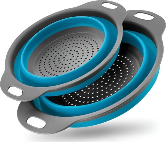 Ensemble de 2 passoires pliables – Passoire en silicone rétractable – Passoire à légumes et à pâtes – Peu encombrant – Résistant à la chaleur – Lavable au lave-vaisselle – Camping et cuisine (bleu)